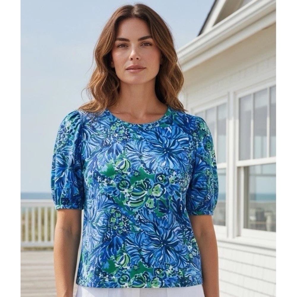 New Lilly Pulitzer M Rhett Top Blue Blouson Puffy Sleeves Size Medium Shirt
